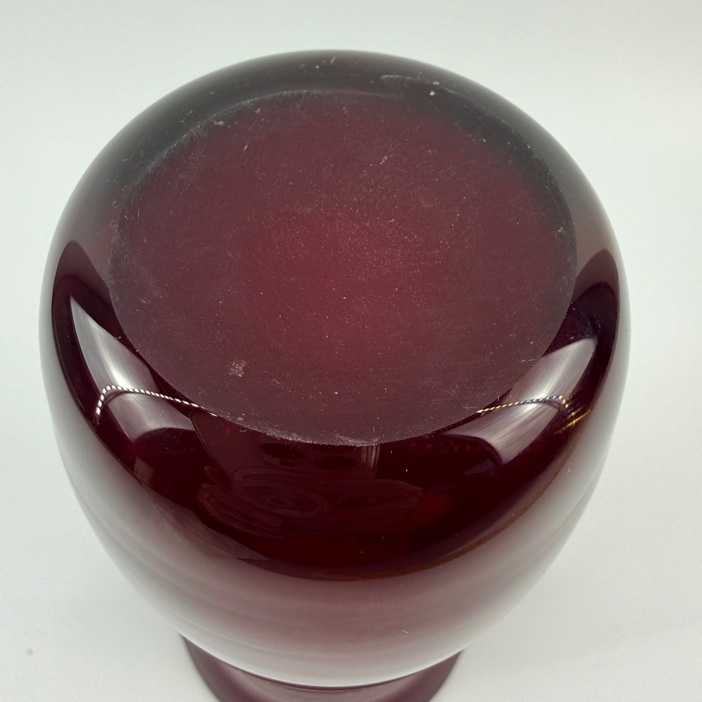 Blenko Ruby Red Glass Vase Non-Catalog Applied Clear Scroll Handles Silver Label - Picture 8 of 10